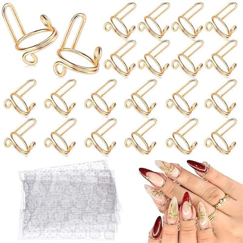 TOROKOM 20 Stück Wiederverwendbare Wudu Nagelringe mit 96 Klebepads – Verstellbare Fingernagelringe ohne Kleber für Damen, Metall Nageldekoration für Acrylnägel (Gold) von TOROKOM