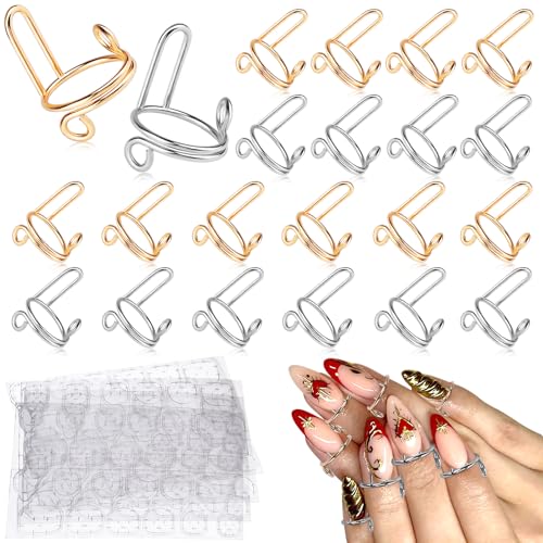 TOROKOM 20 Stück Wiederverwendbare Wudu Nagelringe mit 96 Klebepads – Verstellbare Fingernagelringe ohne Kleber für Damen, Metall Nageldekoration für Acrylnägel (Gold und Silber) von TOROKOM