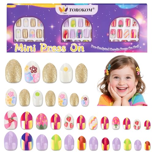 72 Stück Press-On-Nägel Für Kinder, TOROKOM Vorgeklebte Künstliche Nägel Für Kinder Vollständige Abdeckung, Für Kinder Mit Selbstklebender Rückseite (3er-Pack, Goldene Erdbeerblume) von TOROKOM