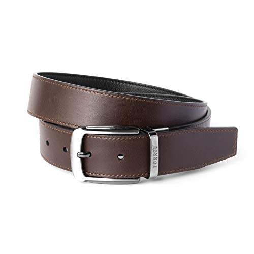 TORRO Herrengürtel Aus Hochwertigem Leder [Drehbar Stiftschnalle Aus Gebürstetem Metall] [Zweiseitig - Schwarz oder Dunkelbraun] (38 Zoll) von TORRO