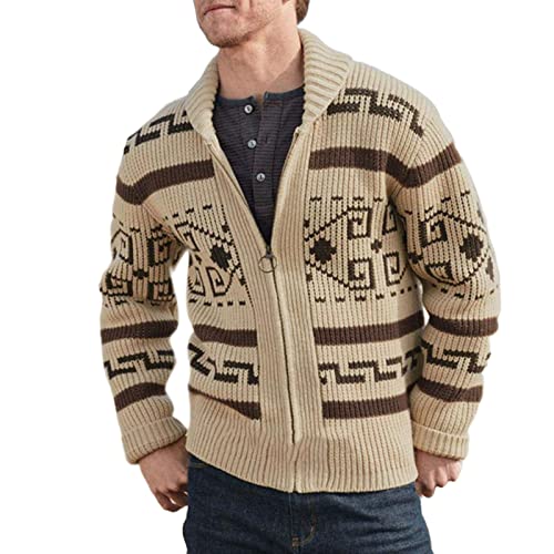 TOSHIKII Aztec Cardigan Jacke für Herren Argyle Classic Fit Pullover Retro Stehkragen Mantel mit durchgehendem Reißverschluss Winter Jacquard Strickpullover von TOSHIKII