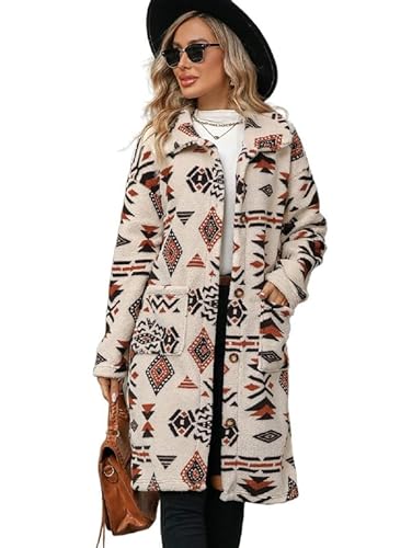 TOSHIKII Aztec Sherpa Fuzzy Long Jacket für Damen, Western Aztec Fleece Trenchcoat für Damen von TOSHIKII