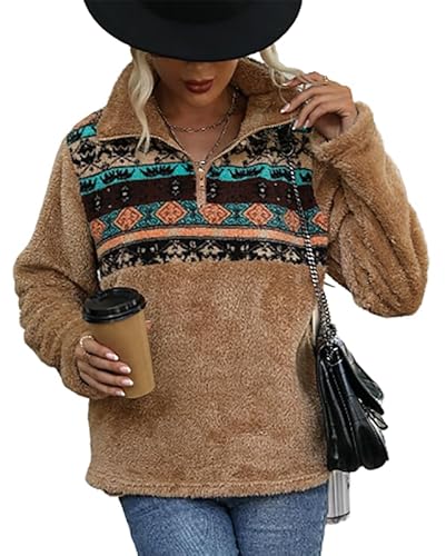 TOSHIKII Azteken-Fleece-Pullover für Damen, Western-Azteken-Sherpa-Pullover, Stammes-Fuzzy-Pullover von TOSHIKII