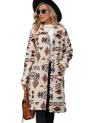 TOSHIKII Aztekischer Sherpa-Langmantel für Damen, Damen-Winter-Western-Azteken-Langjacken, Vintage Azteken-Sherpa-Fleecemantel von TOSHIKII