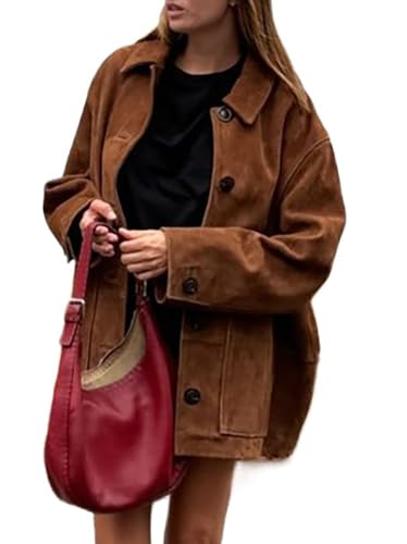 TOSHIKII Damen Trendy Wildleder Blazer Revers Kragen Wildleder Oversized Outwear Retro Wildleder Anzug Jacken mit Taschen von TOSHIKII