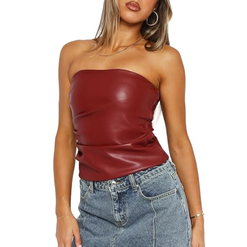 TOSHIKII Damen Wet Look Faux Leder Trägerlose Crop Tops PU Leder Y2k Mode Trendy ärmellose Tank Tops von TOSHIKII