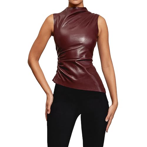 TOSHIKII Damen Wet Look Kunstleder ärmellose Mock Neck Crop Tops Damen PU Leder Rollkragen Tank Tops von TOSHIKII