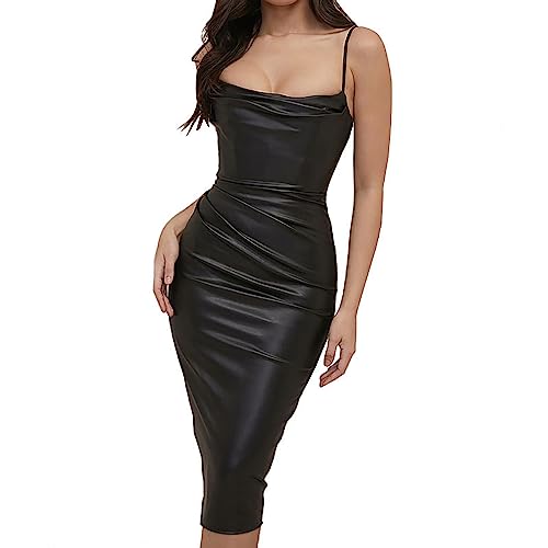 TOSHIKII Figurbetontes Cami-Kleid aus Kunstleder für Damen, figurbetontes Party-Tank-Kleid aus PU-Leder für Damen von TOSHIKII