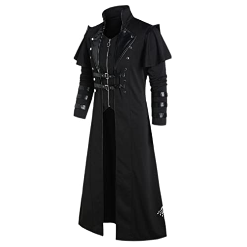 TOSHIKII Herren Gothic Langer Trenchcoat Jacke Schwarz Mittelalterlich Steampunk Reißverschluss Mantel Viktorianisch Halloween Cosplay Kostüm Plus Größe von TOSHIKII