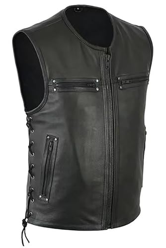 TOSHIKII Herren Leder Rocker Weste Motorrad Leder Reißverschluss Weste Herren Schwarze Lederweste PU Leder Cowboy Weste Weste von TOSHIKII