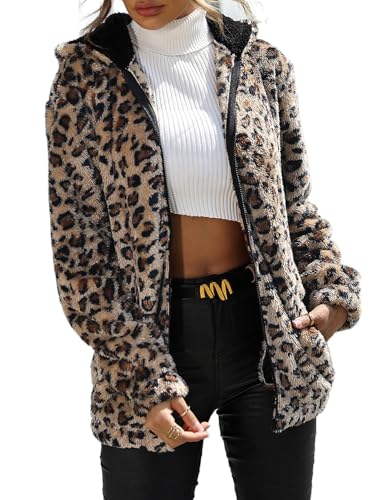 TOSHIKII Leopard Fleece Mantel Frauen Tier Print Sherpa Jakcet Vintage Geparden Fuzzy Pullover Warme Outwear von TOSHIKII