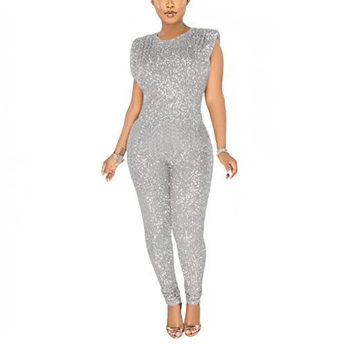 TOSHIKII Schwarzer Pailletten-Jumpsuit, Damen-Playsuit mit goldenem Glitzer, ärmellose, glitzernde Lange Hose für Damen, ohne Gürtel von TOSHIKII