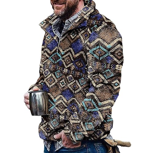 TOSHIKII Western-Azteken-Fuzzy-Sweatshirt für Herren, Fuzzy-Sherpa-Pullover mit Azteken-Print für Herren, Fuzzy-Sweatshirt mit Stammesmotiv und 1/4-Reißverschluss von TOSHIKII