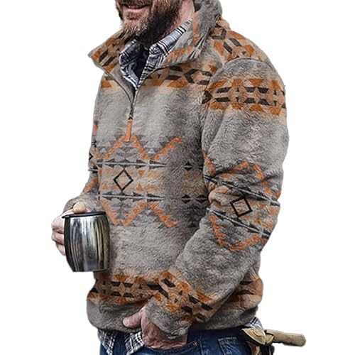 TOSHIKII Western-Azteken-Fuzzy-Sweatshirt für Herren, Fuzzy-Sherpa-Pullover mit Azteken-Print für Herren, Fuzzy-Sweatshirt mit Stammesmotiv und 1/4-Reißverschluss von TOSHIKII