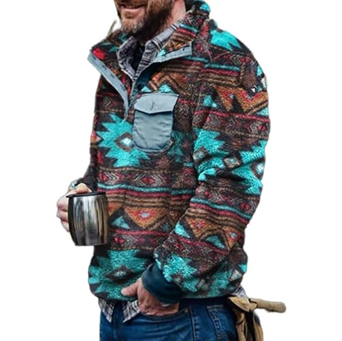 TOSHIKII Western-Azteken-Fuzzy-Sweatshirt für Herren, Fuzzy-Sherpa-Pullover mit Azteken-Print für Herren, Fuzzy-Sweatshirt mit Stammesmotiv und 1/4-Reißverschluss von TOSHIKII
