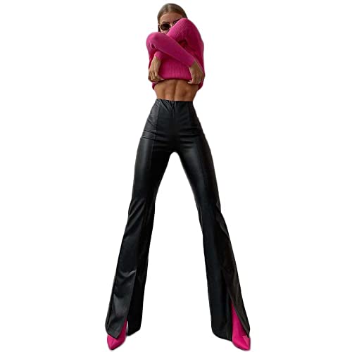 TOSHIKII Womens Flare Slit Faux Leather Hose Lady Wide Leg High Waisted Leather Pants Black Slit PU Pants von TOSHIKII