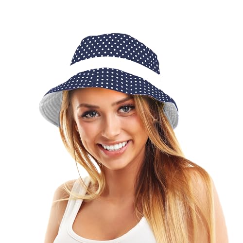 TOSKATOK® UPF 50+ Gepunkteter Sonnenhut aus Baumwolle für Damen, beidseitig tragbar, Fischerhutdesign reversibel-Navy von TOSKATOK