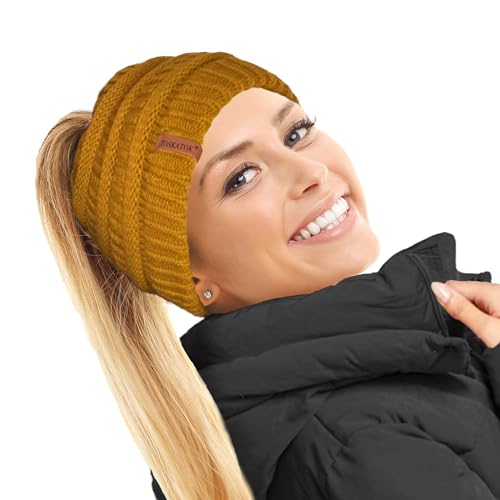 TOSKATOK® Damen Frauen Plain Ponytail Messy BUN GERIPPTE Winter Beanie Hut Cap Hair Hairband von TOSKATOK