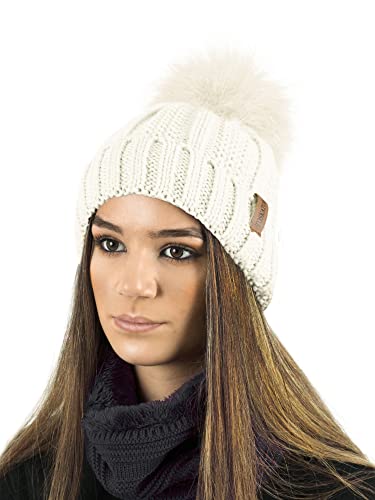 TOSKATOK® Damen-Frauen Winter-Rib Perlmuster Beanie Bobble Hut mit Warm Cozy Fleece Liner & Große Kunstpelz mit Bommeln-Cream-Hat von TOSKATOK