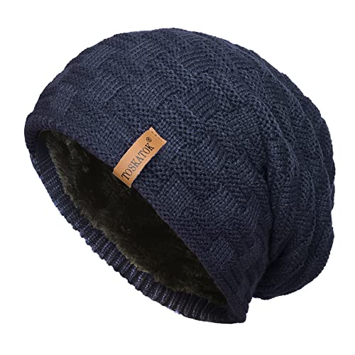 TOSKATOK® Herren Unisex Warm Winter Strukturierter, wärmeisolierender Strickmütze mit kuscheligem Teddy-Fleecefutter aus Kunstpelz-Navy von TOSKATOK