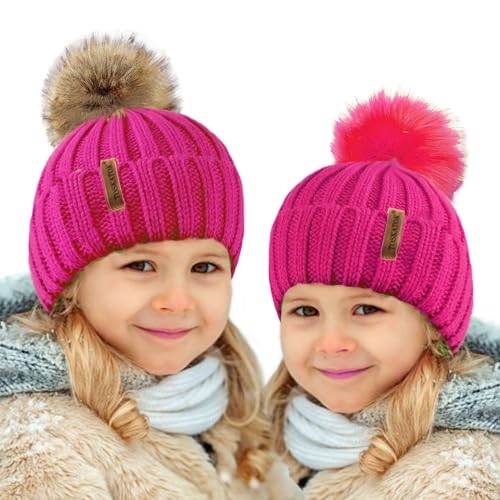 TOSKATOK® Kinder Mädchen Winter Beanie Bobble Hut mit abnehmbarem veränderbaren Faux Pelz Pom Pom von TOSKATOK