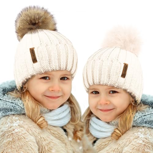 TOSKATOK® Kinder Mädchen Winter Beanie Bobble Hut mit abnehmbarem veränderbaren Faux Pelz Pom Pom von TOSKATOK
