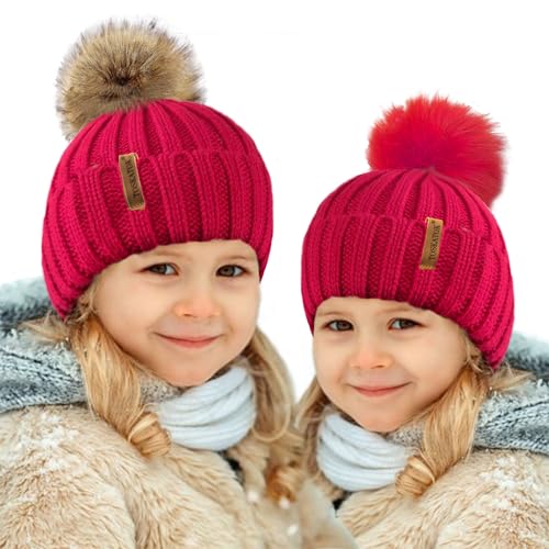 TOSKATOK® Kinder Mädchen Winter Beanie Bobble Hut mit abnehmbarem veränderbaren Faux Pelz Pom Pom von TOSKATOK