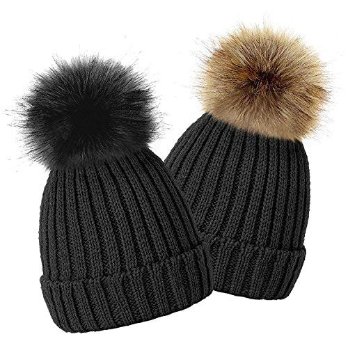 TOSKATOK® Kinder Mädchen Winter Beanie Bobble Hut mit abnehmbarem veränderbaren Faux Pelz Pom Pom von TOSKATOK