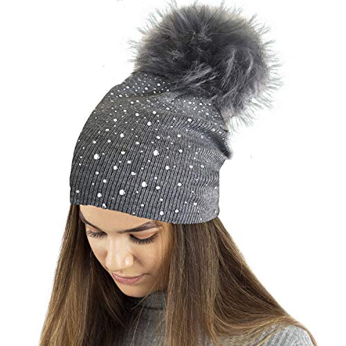 TOSKATOK® Ladies Fine Knit Winter Mütze mit Glitzerapplikation und Großem Pompom aus Kunstfell von TOSKATOK