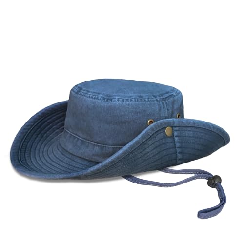 TOSKATOK® UPF 50+ Unisex Safari Outback Buschhut aus Baumwolle im australischen Stil mit breiter Krempe, abnehmbarem Kinnriemen, seitlichen Druckknöpfen und Lüftungsschlitzen-DENIM-60 von TOSKATOK