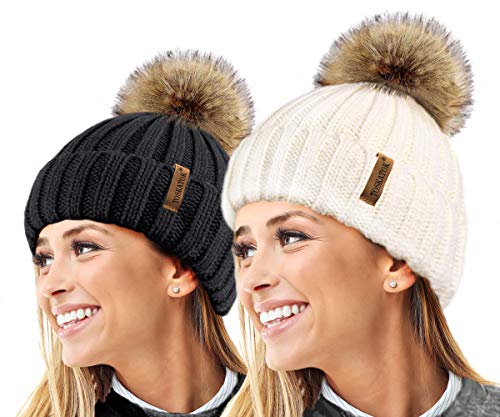 TOSKATOK® Womens Winter-Rib Strickmütze/Beanie mit abnehmbaren Chunky Faux Fur Bobble Pom Pom-Black-Cream von TOSKATOK