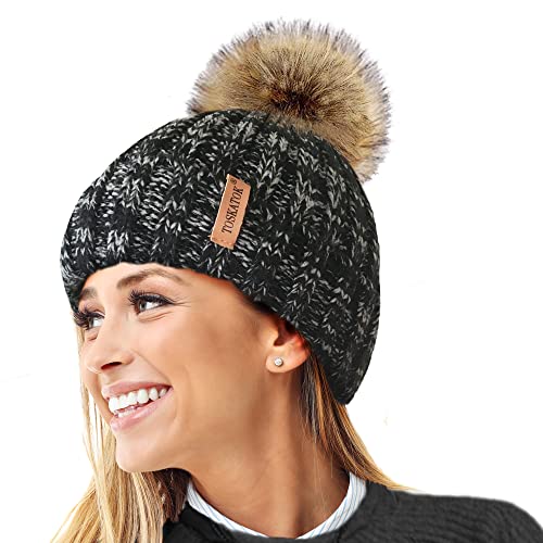 TOSKATOK® Womens Winter-Rib Strickmütze/Beanie mit abnehmbaren Chunky Faux Fur Bobble Pom Pom-Teal von TOSKATOK