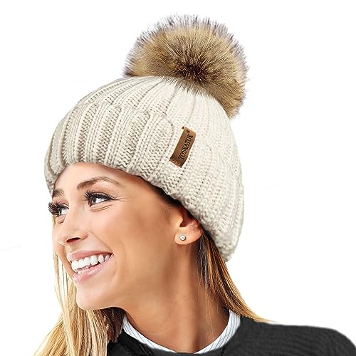 TOSKATOK® Womens Winter-Rib Strickmütze/Beanie mit abnehmbaren Chunky Faux Fur Bobble Pom Pom von TOSKATOK