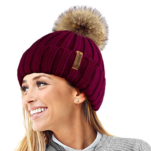 TOSKATOK® Womens Winter-Rib Strickmütze/Beanie mit abnehmbaren Chunky Faux Fur Bobble Pom Pom-Burg von TOSKATOK