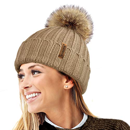 TOSKATOK® Womens Winter-Rib Strickmütze/Beanie mit abnehmbaren Chunky Faux Fur Bobble Pom Pom-Camel von TOSKATOK