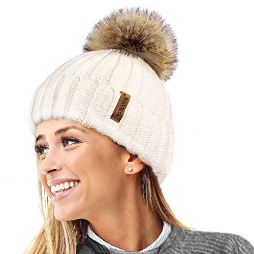 TOSKATOK® Womens Winter-Rib Strickmütze/Beanie mit abnehmbaren Chunky Faux Fur Bobble Pom Pom-Cream von TOSKATOK