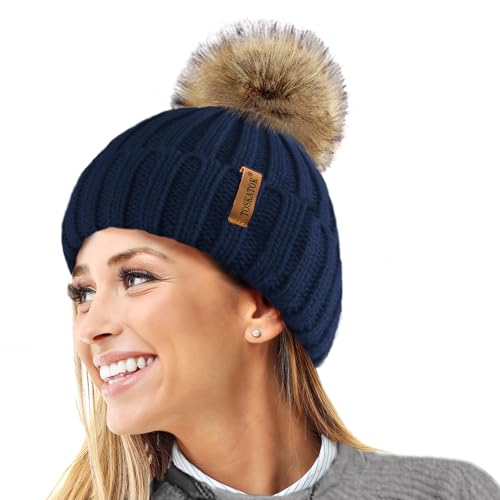 TOSKATOK® Womens Winter-Rib Strickmütze/Beanie mit abnehmbaren Chunky Faux Fur Bobble Pom Pom-Navy von TOSKATOK