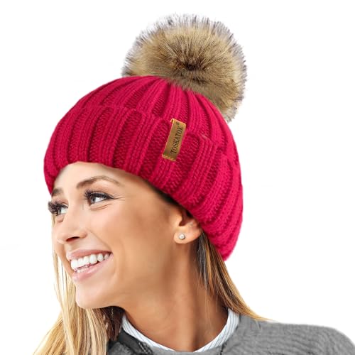 TOSKATOK® Womens Winter-Rib Strickmütze/Beanie mit abnehmbaren Chunky Faux Fur Bobble Pom Pom-RED von TOSKATOK