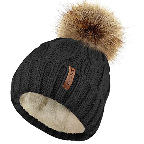 TOSKATOK Damen Chunky weichen Kabel Stricken Hut mit gem�tlichem Fleecefutter und abnehmbarem Kunstpelz Pompom-Black von TOSKATOK
