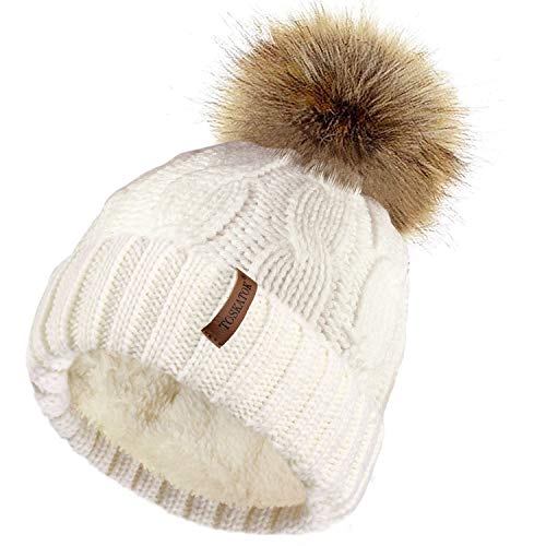 TOSKATOK Damen Chunky weichen Kabel Stricken Hut mit gem�tlichem Fleecefutter und abnehmbarem Kunstpelz Pompom-Cream von TOSKATOK