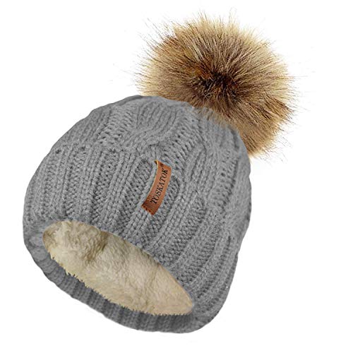 TOSKATOK Damen Chunky weichen Kabel Stricken Hut mit gem�tlichem Fleecefutter und abnehmbarem Kunstpelz Pompom-Grey von TOSKATOK