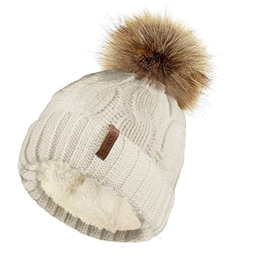 TOSKATOK Damen Chunky weichen Kabel Stricken Hut mit gem�tlichem Fleecefutter und abnehmbarem Kunstpelz Pompom-Natural von TOSKATOK