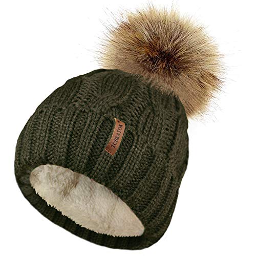 TOSKATOK Damen Chunky weichen Kabel Stricken Hut mit gem�tlichem Fleecefutter und abnehmbarem Kunstpelz Pompom-Olive von TOSKATOK