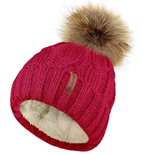 TOSKATOK Damen Chunky weichen Kabel Stricken Hut mit gem�tlichem Fleecefutter und abnehmbarem Kunstpelz Pompom-RED von TOSKATOK