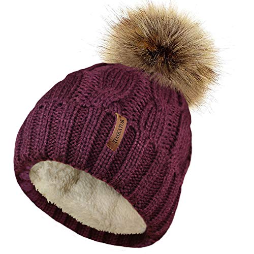 TOSKATOK Damen Chunky weichen Kabel Stricken Hut mit gemütlichem Fleecefutter und abnehmbarem Kunstpelz Pompom von TOSKATOK