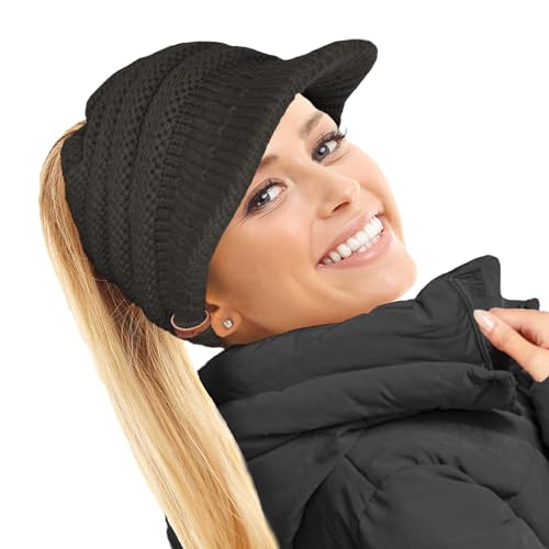 TOSKATOK Damen Frauen Slouchy Peaked Pferdeschwanz Messy Bun Strickmütze Schirmmütze Cap von TOSKATOK