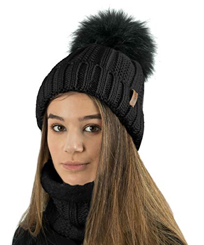 TOSKATOK Damen-Frauen Winter-Rib Perlmuster Beanie Bobble Hut mit Warm Cozy Fleece Liner & Große Kunstpelz mit Bommeln von TOSKATOK