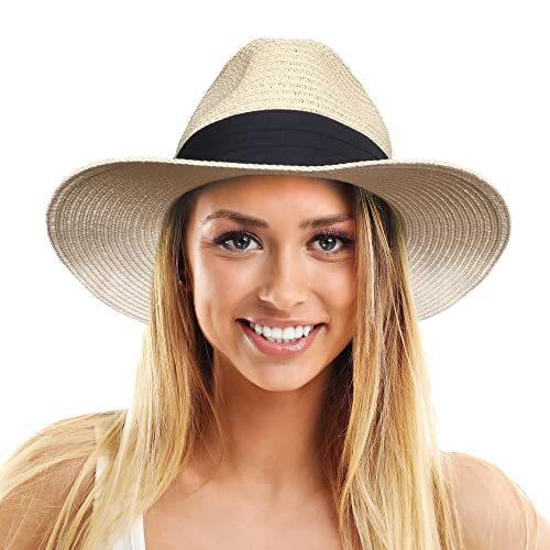 TOSKATOK Damen Herren Klassischer Stroh Panama Fedora Strand Sonnenhut UPF 50+ Gr��enverstellbar Breite Krempe von TOSKATOK
