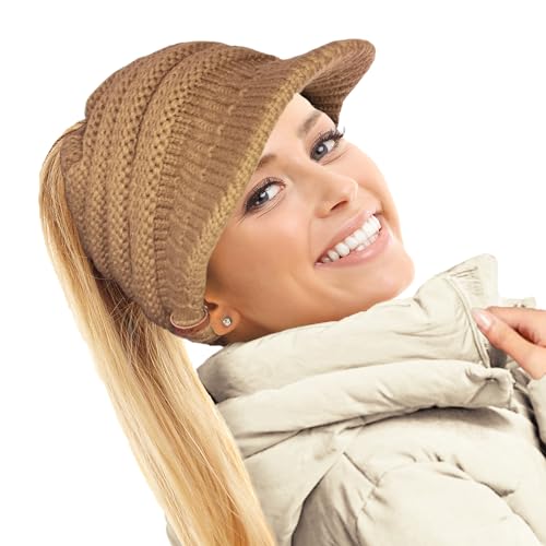 TOSKATOK Damen Slouchy Peaked Pferdeschwanz Unordentlicher Dutt Beanie Mütze Kappe, Camel, Einheitsgröße von TOSKATOK