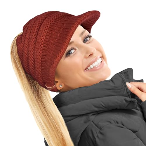 TOSKATOK Damen Slouchy Peaked Pferdeschwanz Unordentlicher Dutt Beanie Mütze Kappe, Conker, Einheitsgröße von TOSKATOK